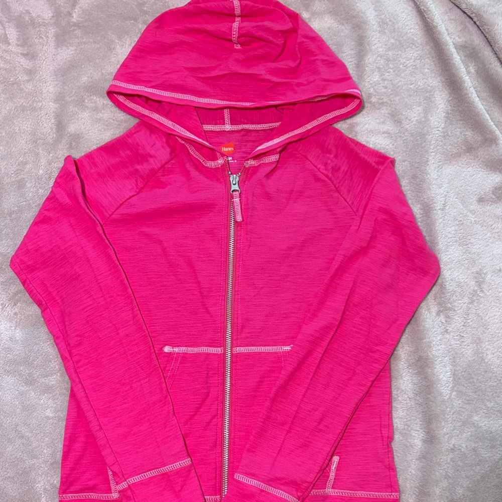 Kids Fuchsia w White Stitching Zip Up Hoodie…NWOT…Sz Large